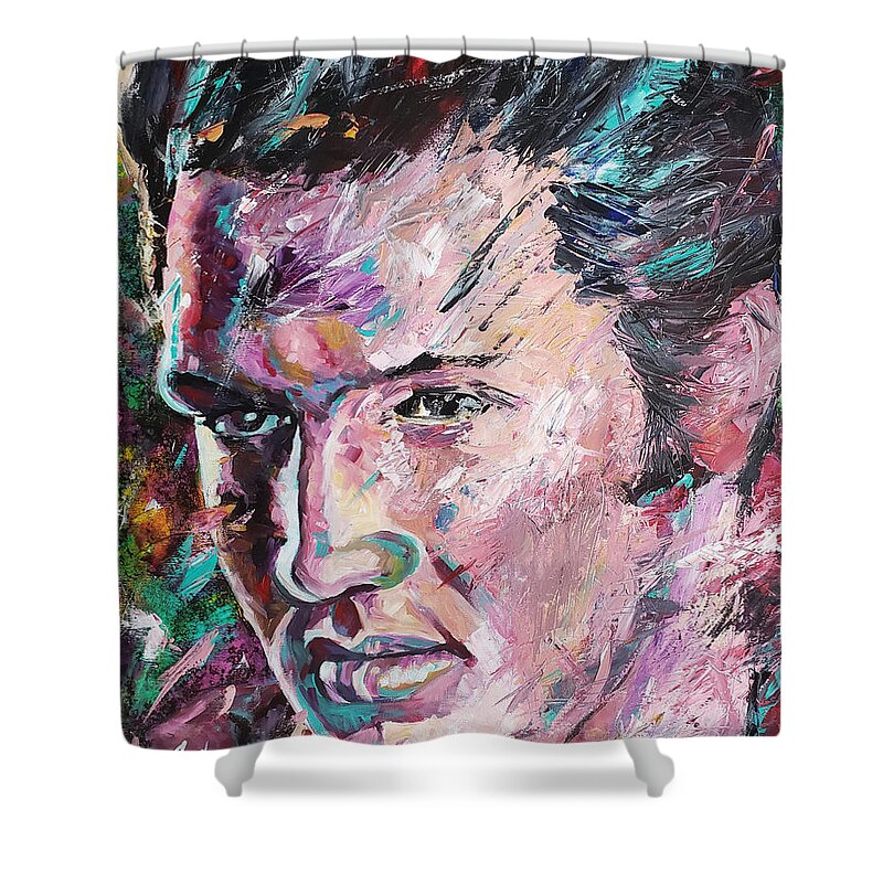 Elvis Presley Shower Curtain featuring the painting Blue Suede Shoes by Shawn Conn