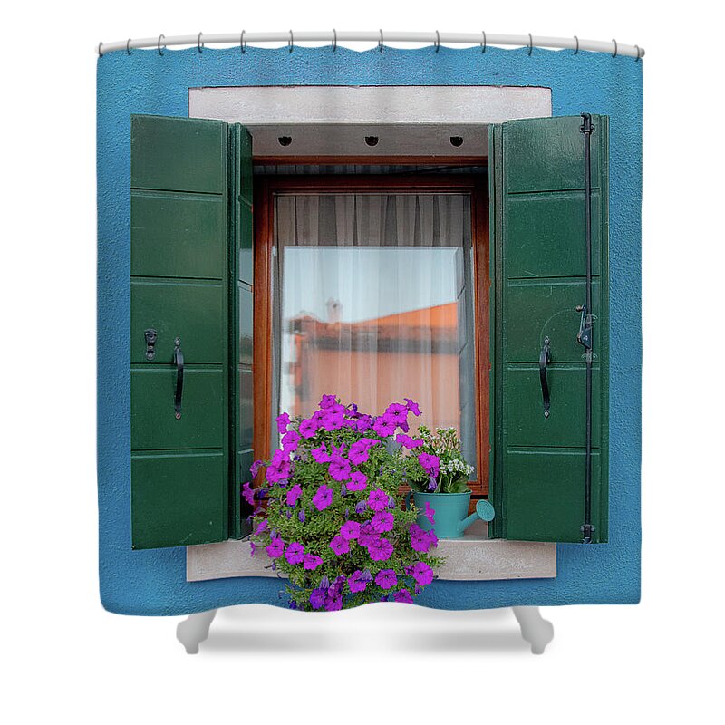 Burano Shower Curtain featuring the photograph Blue Window Pink Flowers by David Downs