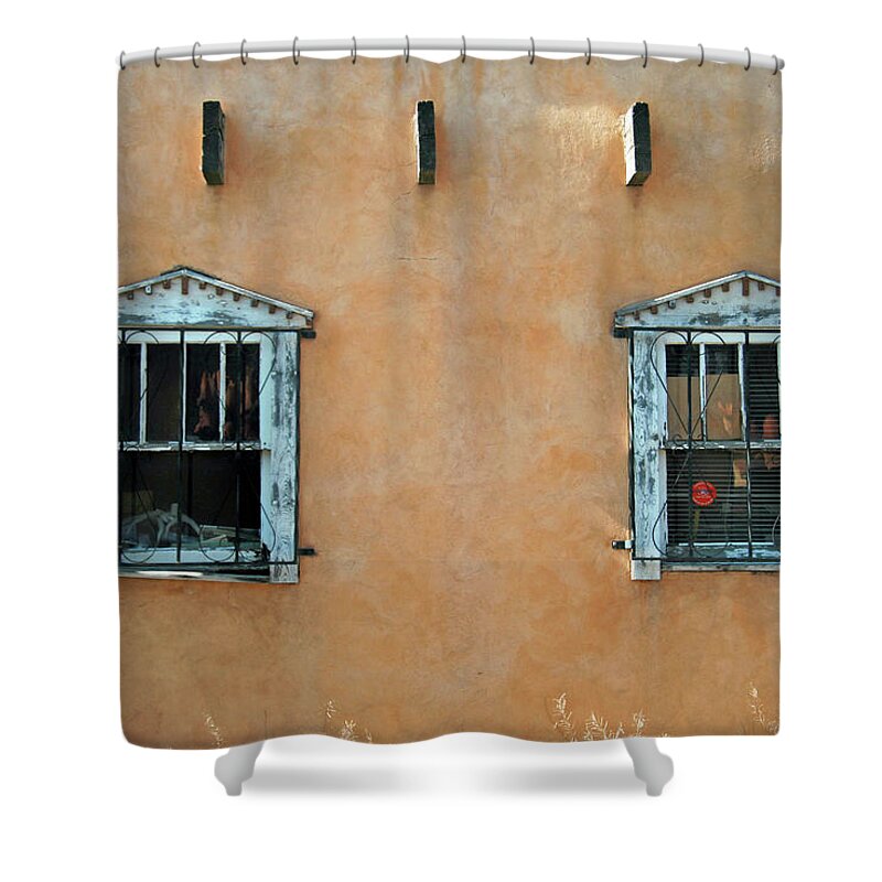 Stucco Shower Curtain featuring the photograph A home with blue windows by Leslie Struxness