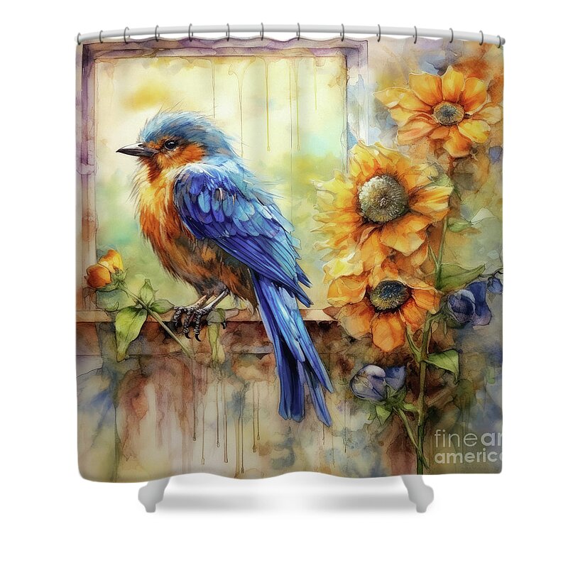Bluebird Shower Curtain featuring the painting Bluebird In The Window by Tina LeCour