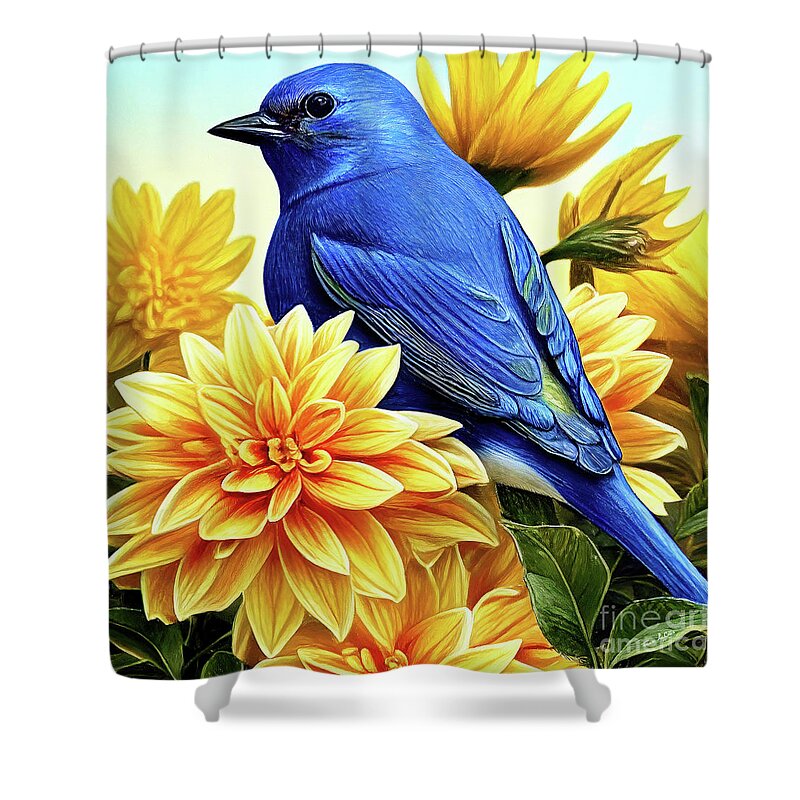 Eastern Bluebird Shower Curtain featuring the painting Bluebird In The Yellow Peonies by Tina LeCour