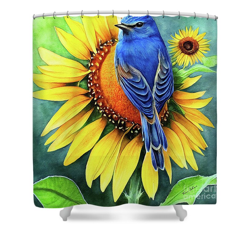 Bluebird Shower Curtain featuring the painting Bluebird On The Sunflower by Tina LeCour