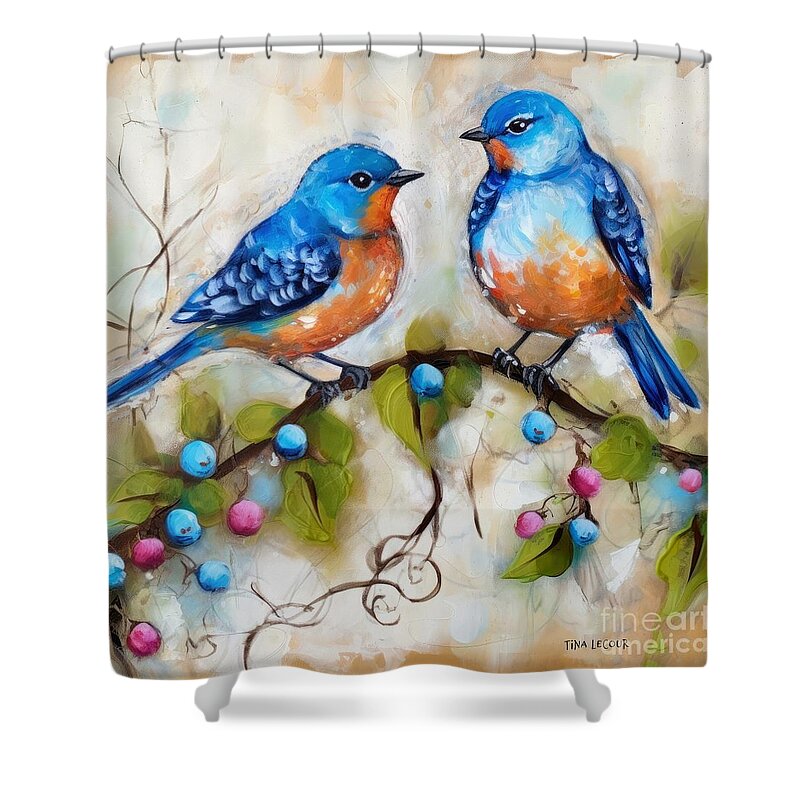 Bluebirds Shower Curtain featuring the painting Bluebirds And Berries by Tina LeCour