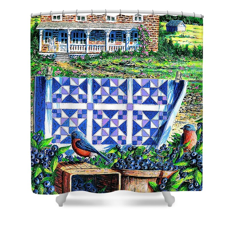 Blueberries Shower Curtain featuring the painting Bluebirds and Blueberries by Diane Phalen