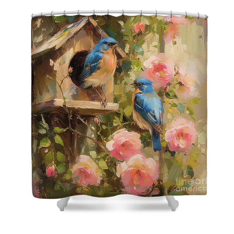 Bluebirds Shower Curtain featuring the painting Bluebirds At The Bird House by Tina LeCour