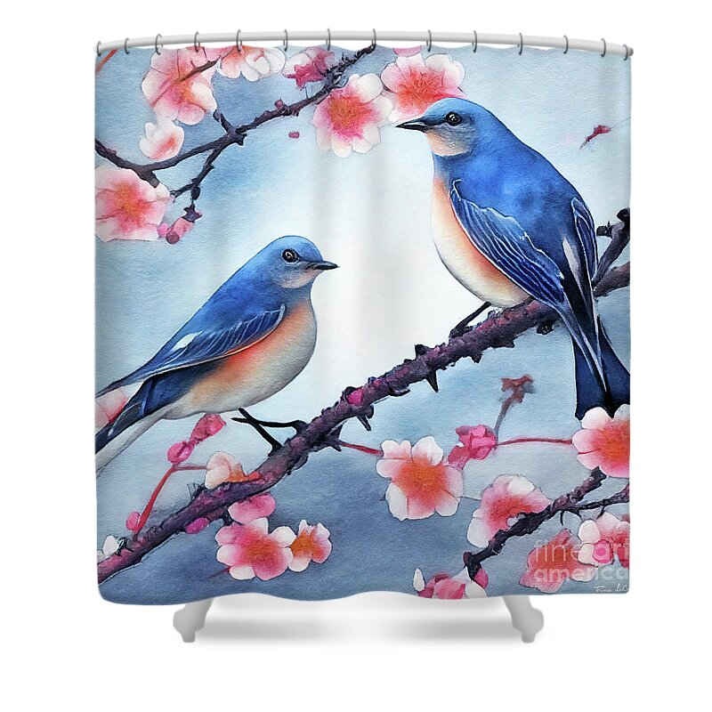 Bluebirds Shower Curtain featuring the painting Bluebirds Perched In The Blossoms by Tina LeCour