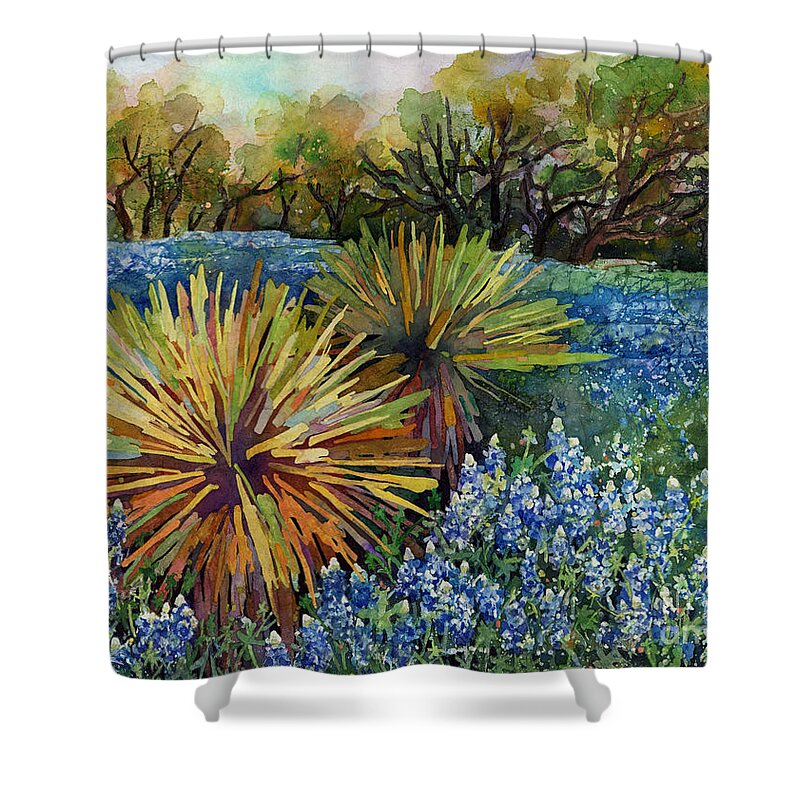 Cactus Shower Curtain featuring the painting Bluebonnets and Yucca by Hailey E Herrera