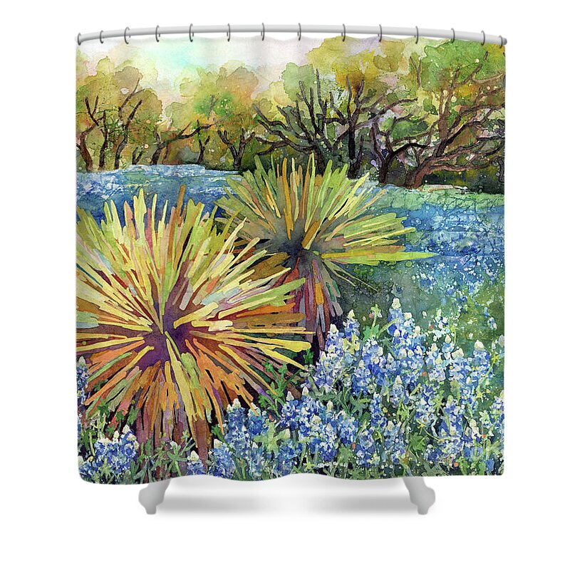 Cactus Shower Curtain featuring the painting Bluebonnets and Yucca-Pastel Colors by Hailey E Herrera