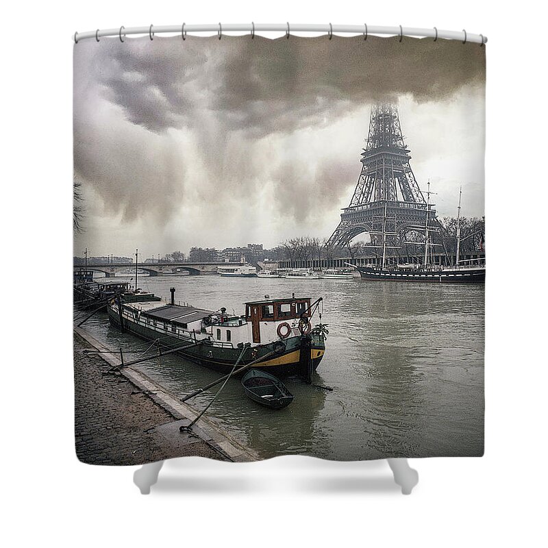 Seine River Shower Curtain featuring the photograph Boat and Eiffel Tower by Jim Mathis