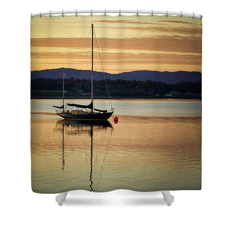 Blue Shower Curtain featuring the photograph Boat On A Lake at Sunset by Rick Deacon
