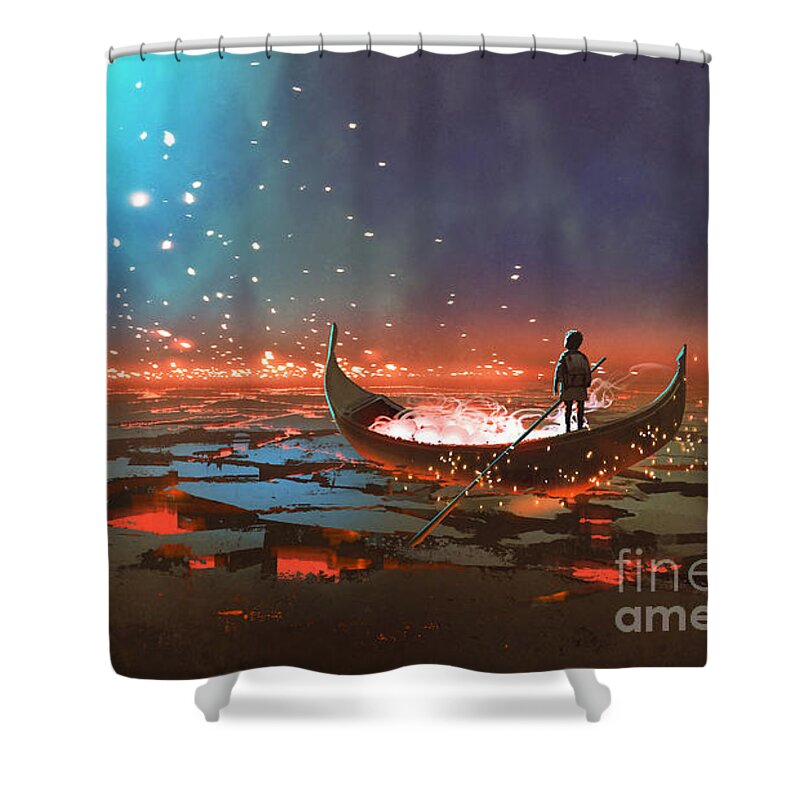 Illustration Shower Curtain featuring the painting Boatboy by Tithi Luadthong