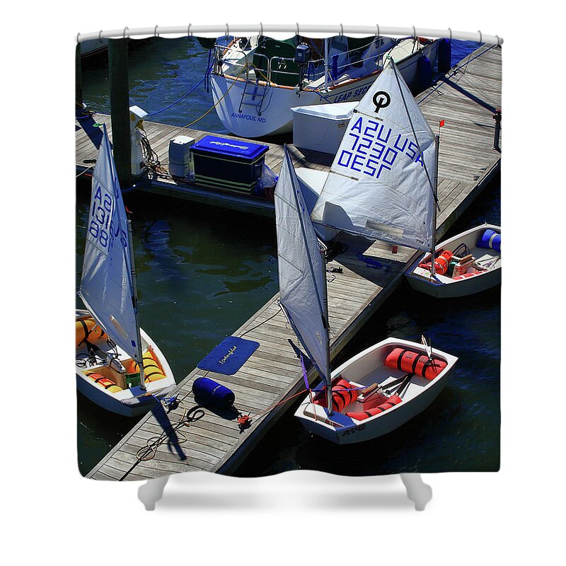 Rhode Island Shower Curtain featuring the photograph Boats at the ready by Jim Feldman