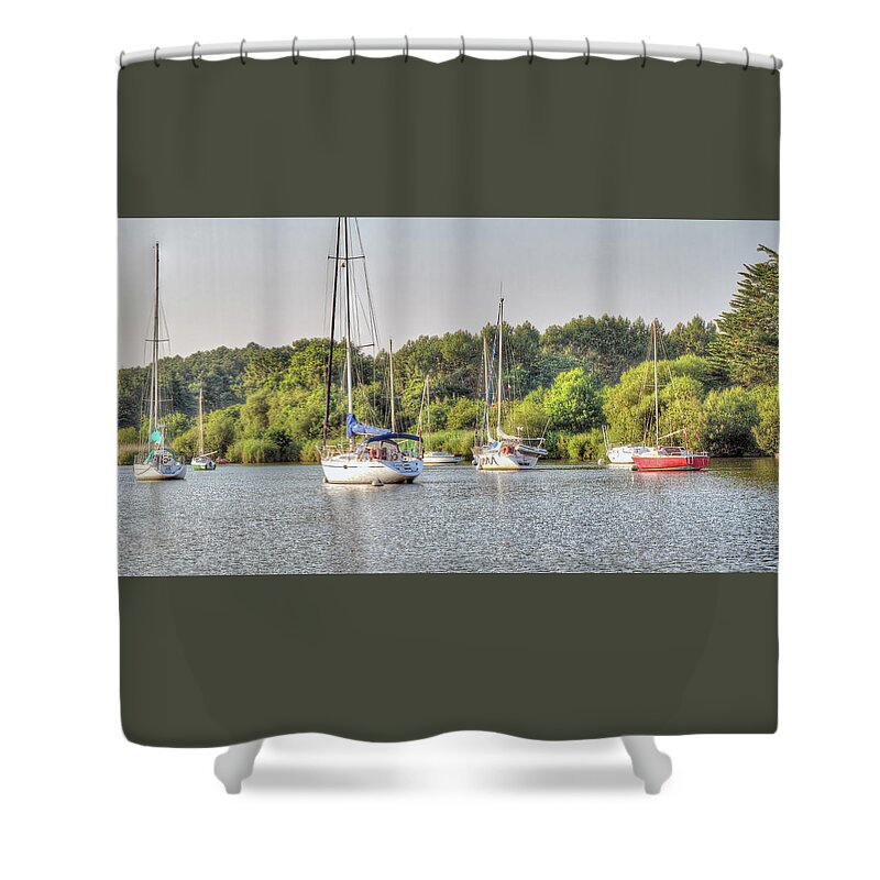 La Vilaine Shower Curtain featuring the photograph Boats on La Vilaine, Brittany, France #4 by Elaine Teague