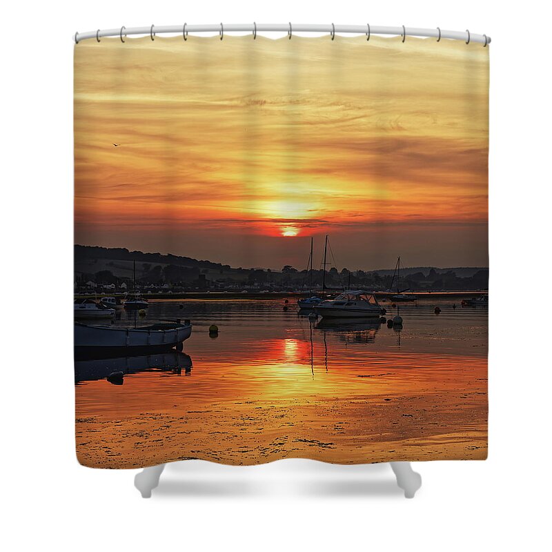 Sunset Shower Curtain featuring the photograph Boats On The Estuary by Jeff Townsend