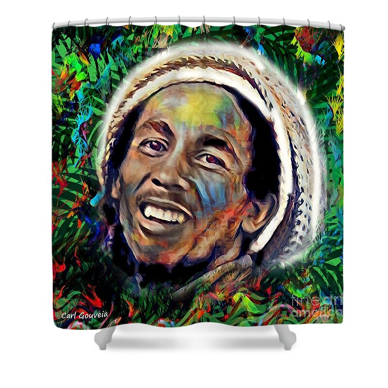 Bob Marley Shower Curtain featuring the mixed media Bob Marley Art by Carl Gouveia