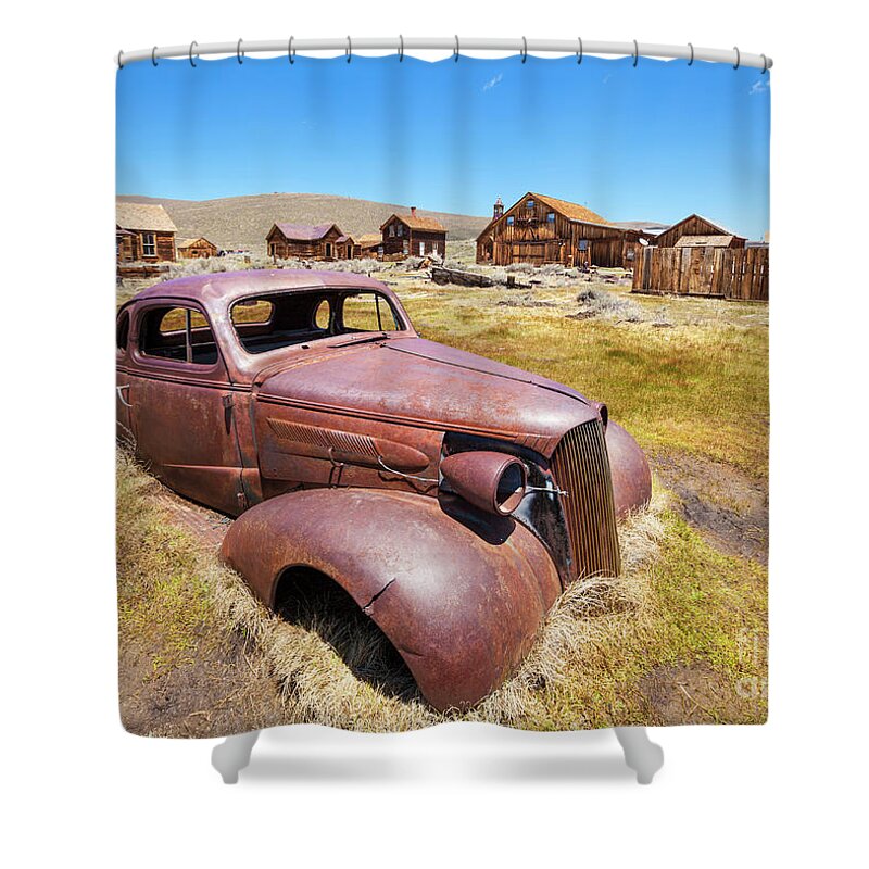 Bodie Shower Curtain featuring the photograph Bodie ghost town,1937 Chevrolet coupe, California by Neale And Judith Clark
