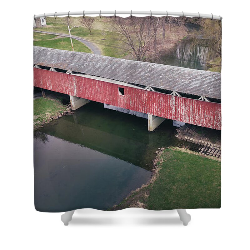 Above Shower Curtain featuring the photograph Bogerts Covered Bridge March Aerial by Jason Fink