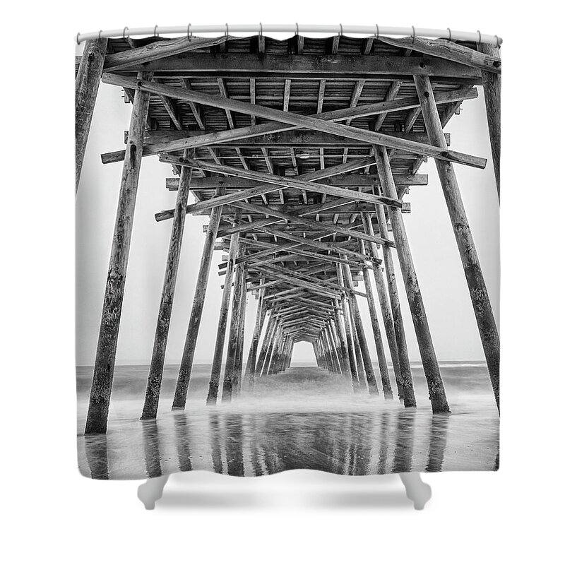 Bogue Inlet Shower Curtain featuring the photograph Bogue Inlet Fishing Pier on a Foggy Evening by Bob Decker