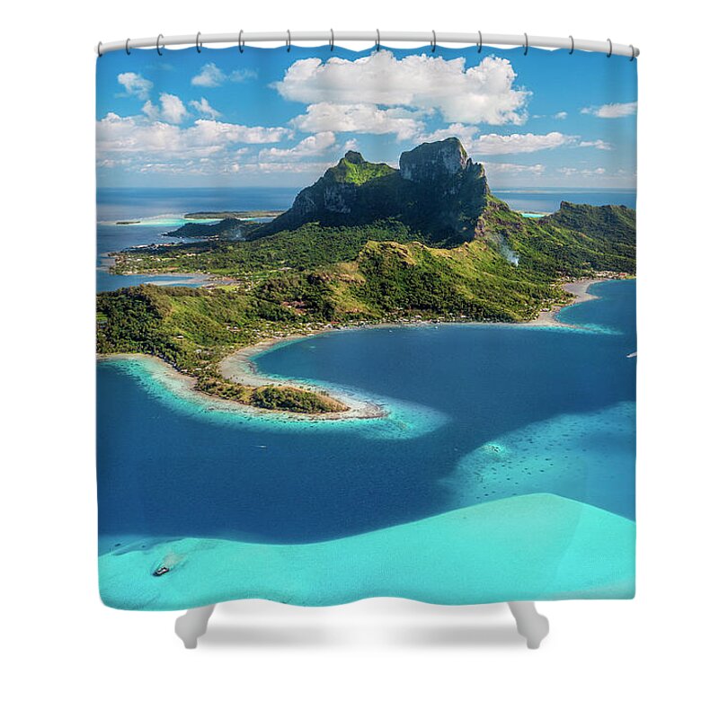 Bora Bora Shower Curtain featuring the photograph Bora Bora - aerial view of the island and the lagoon by Olivier Parent