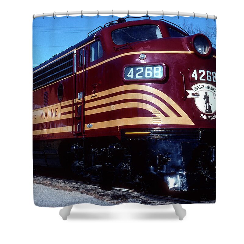  Shower Curtain featuring the photograph Boston and Maine Railroad Locomotive, Conway, New Hampshire, 199 by A Macarthur Gurmankin