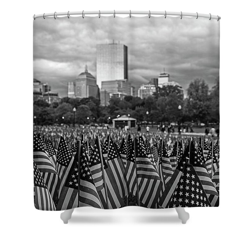 Boston Shower Curtain featuring the photograph Boston Common Memorial Day Flags Dramatic Sky Boston Massachusetts Black and White by Toby McGuire