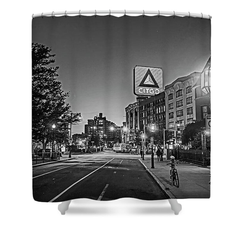 Boston Shower Curtain featuring the photograph Boston MA Kenmore Square Commonwealth Ave Citgo Sign at Sunset Black and White by Toby McGuire