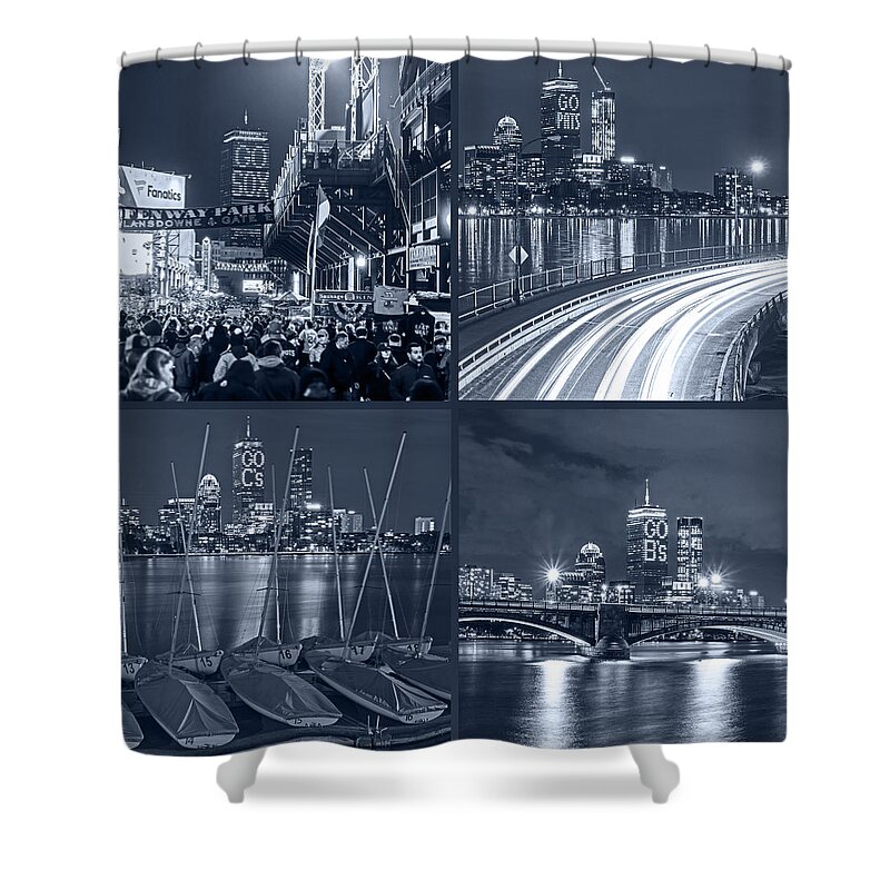 Boston Shower Curtain featuring the photograph Boston Sports Greatness The Prudential Lit up for the Red Sox,Patriots, Celtics and Bruins Mono Blue by Toby McGuire
