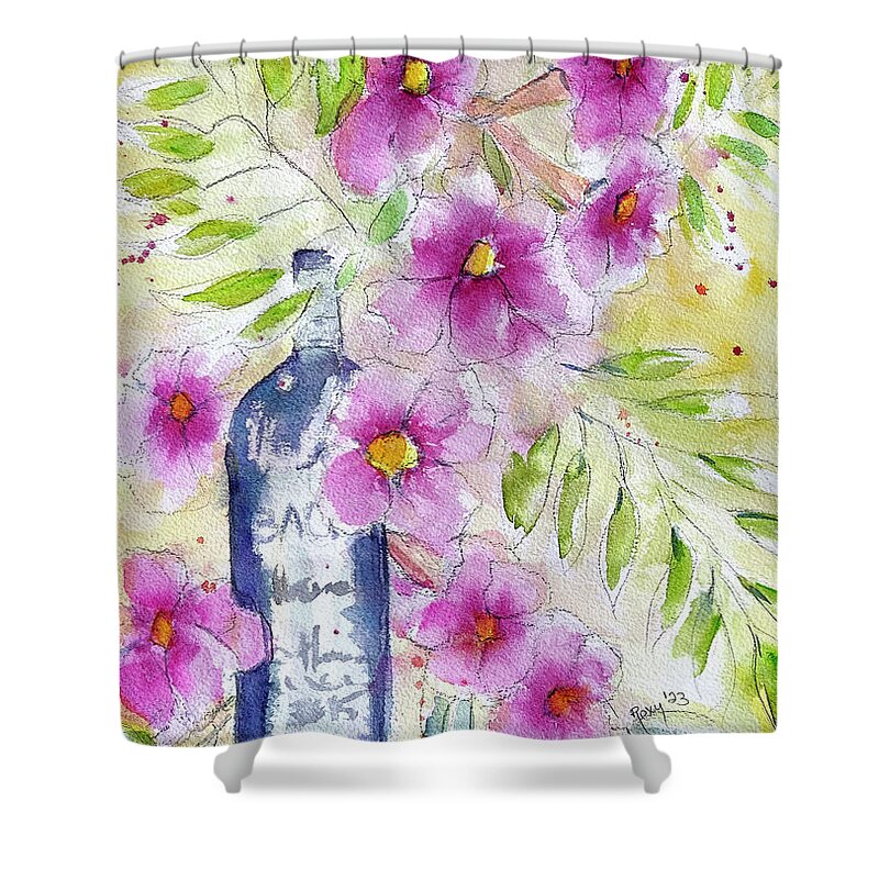 Wine Bottle Shower Curtain featuring the painting Bottle and Blooms by Roxy Rich