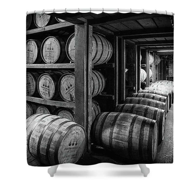 Bourbon Barrel Shower Curtain featuring the photograph Bourbon Barrels bw by Karen Varnas