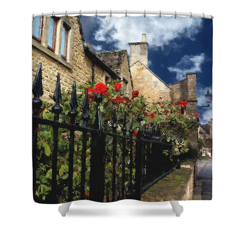 Bourton-on-the-water Shower Curtain featuring the photograph Bourton Red Roses by Brian Watt