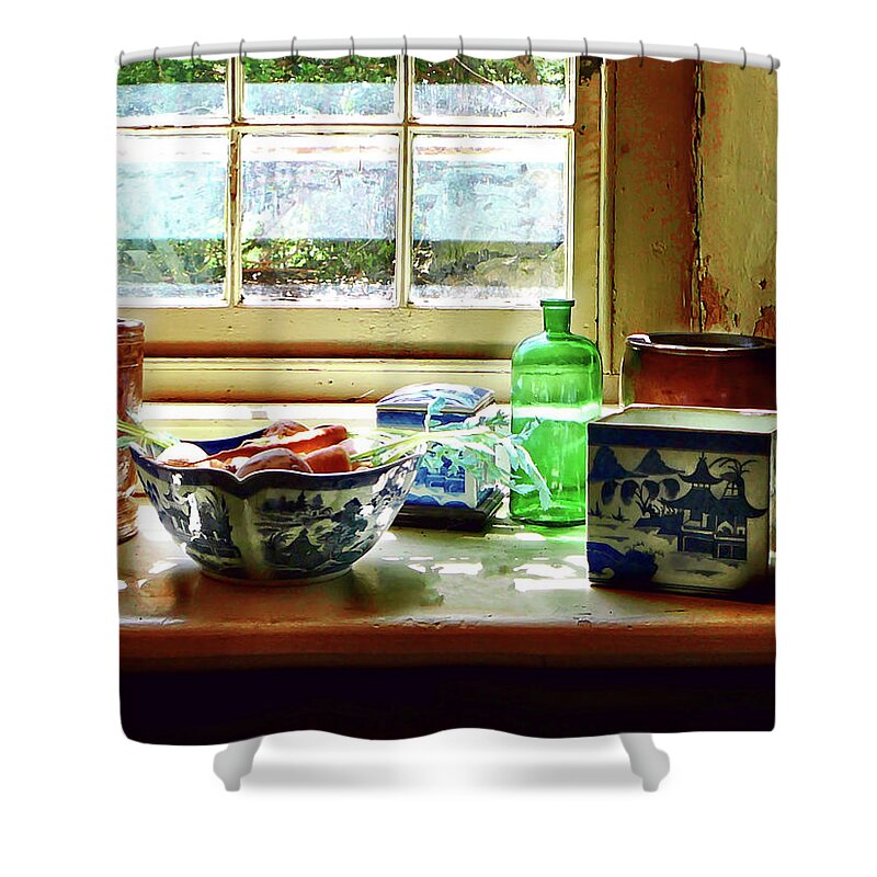 Bottles Shower Curtain featuring the photograph Bowl of Vegetables and Green Bottle by Susan Savad