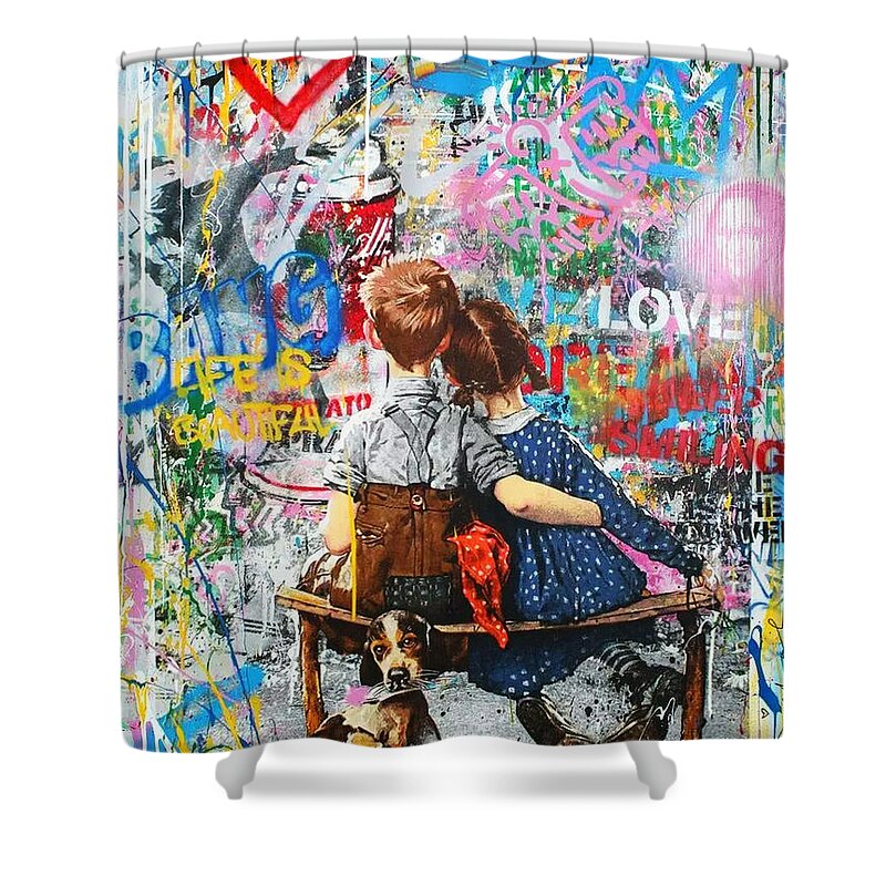 Collage Shower Curtain featuring the mixed media Boy And Girl Graffiti Wall Mashup by My Banksy