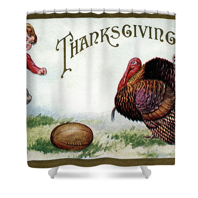 Thanksgiving Shower Curtain featuring the digital art Boy in knickers with a football and turkey by Pete Klinger