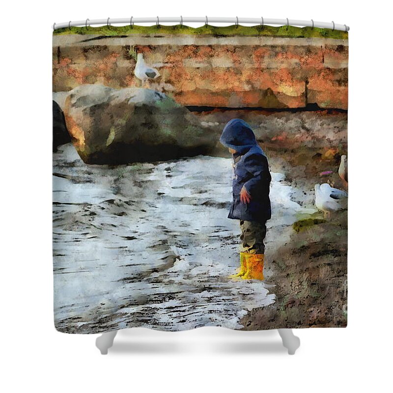 Boy Shower Curtain featuring the photograph Boy in Yellow Boots by Sea Change Vibes