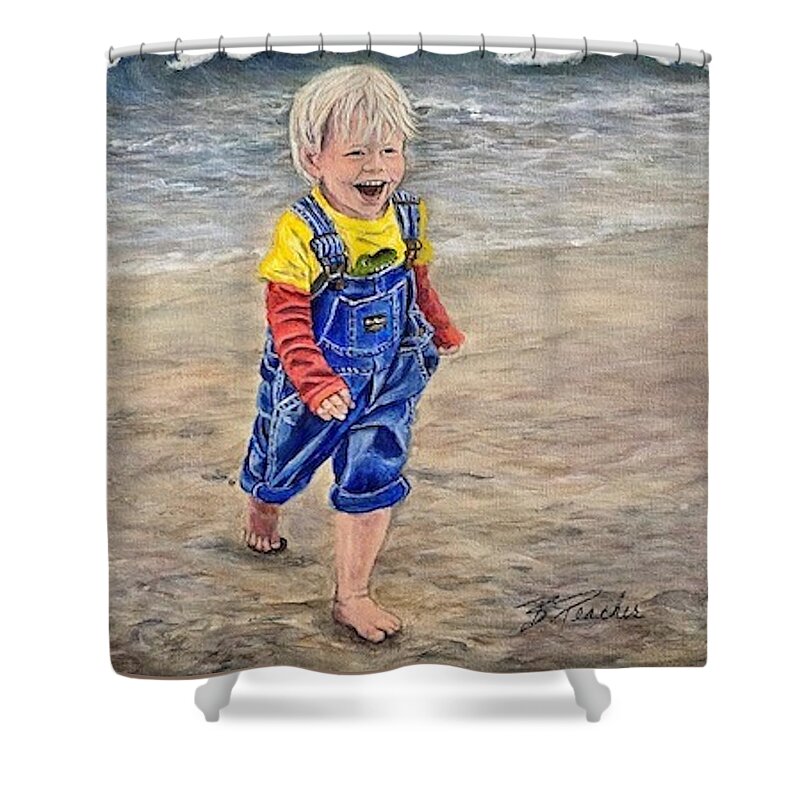 Beach Shower Curtain featuring the painting Boy on the Beach by Bonnie Peacher