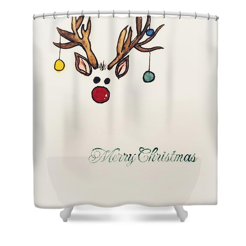 Reindeer Shower Curtain featuring the painting Boy Reindeer. Rudolph? by Shady Lane Studios-Karen Howard
