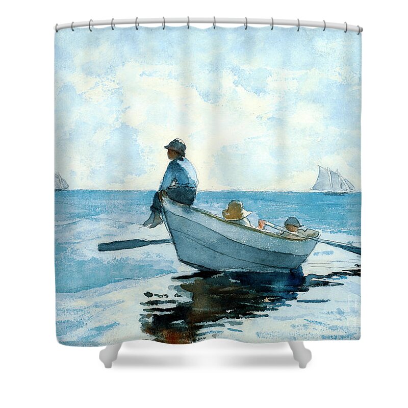 Boys In A Dory Shower Curtain featuring the photograph Boys in a Dory by Winslow Homer by Carlos Diaz