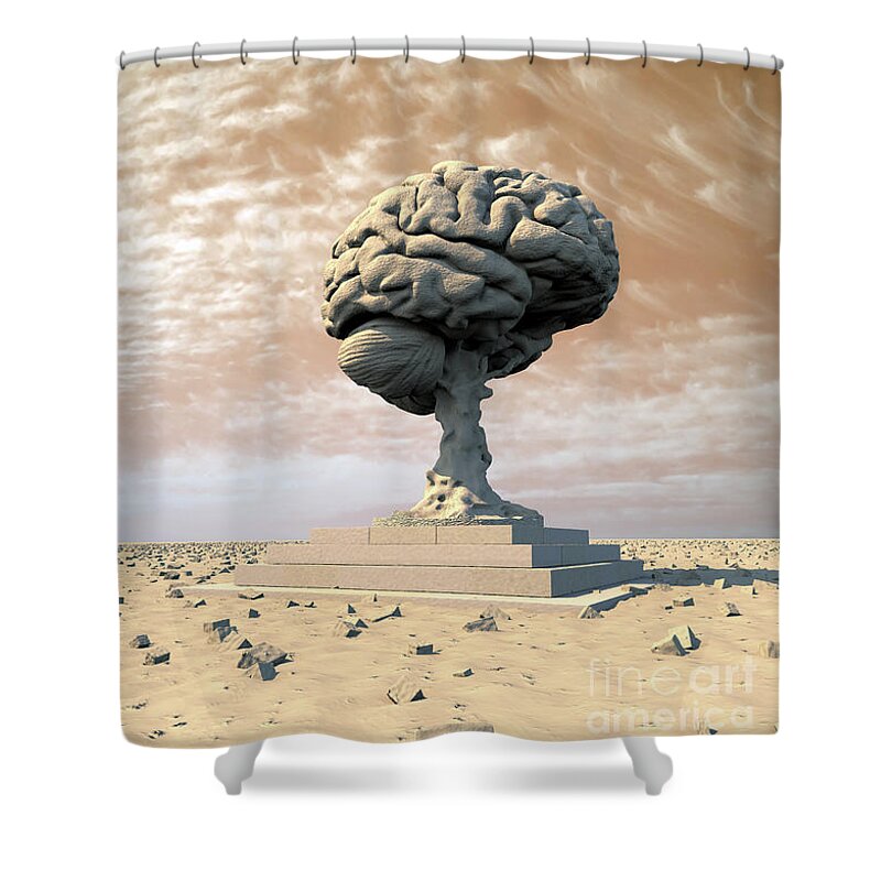 Monument Shower Curtain featuring the digital art Brain Statue in Desert by Russell Kightley