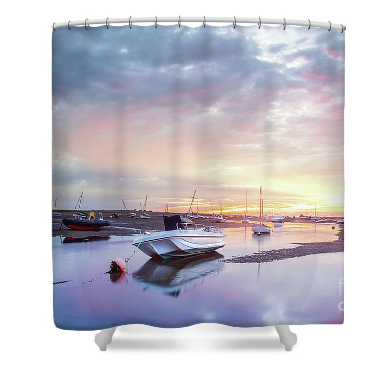Norfolk Shower Curtain featuring the photograph Brancaster Staithe boat harbour at sunrise in Norfolk by Simon Bratt
