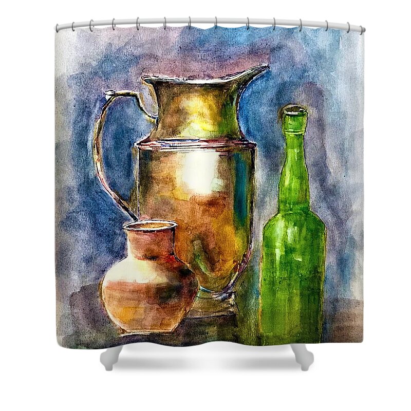 Still Life Shower Curtain featuring the painting Brass, clay and glass by Khalid Saeed