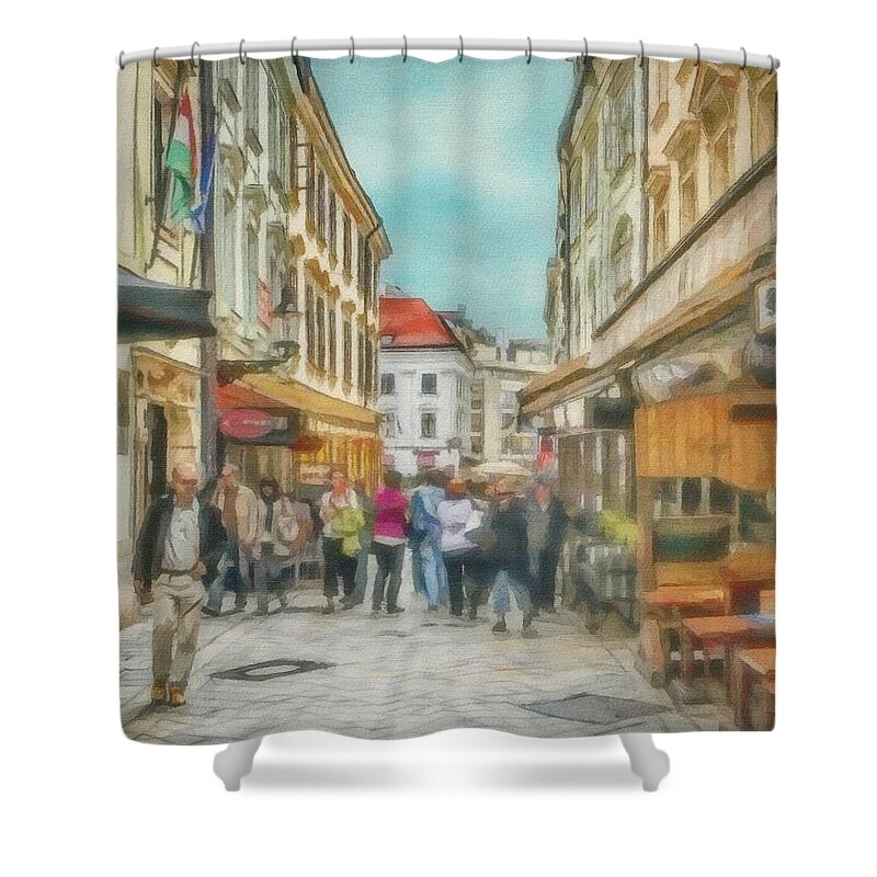 Bratislava Shower Curtain featuring the painting Bratislava Street Scene by Jeffrey Kolker