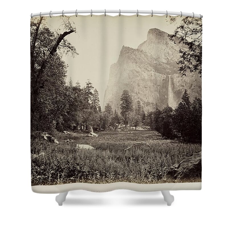 19th Century Shower Curtain featuring the painting Bridal Veil, Yosemite 1865 by MotionAge Designs