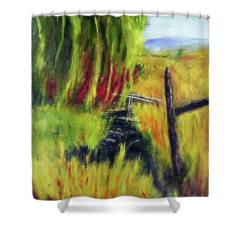 Landscape Shower Curtain featuring the painting Bridge over Small Stream by Sherril Porter