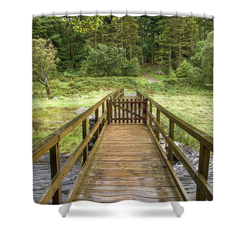 Llyn Mymbyr Shower Curtain featuring the photograph Bridge to nowhere by Average Images