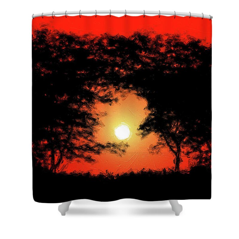 Brilliant Sunrise Silhouette Landscape Shower Curtain featuring the mixed media Brilliant Sunrise Silhouette Landscape by Dan Sproul