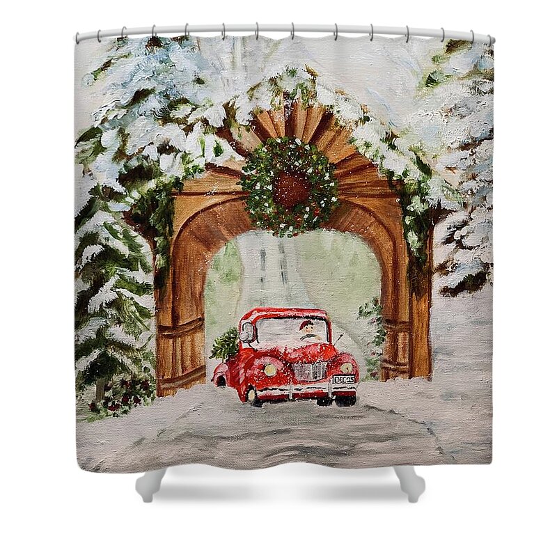 Red Truck Shower Curtain featuring the painting Bringing Home the Tree by Juliette Becker