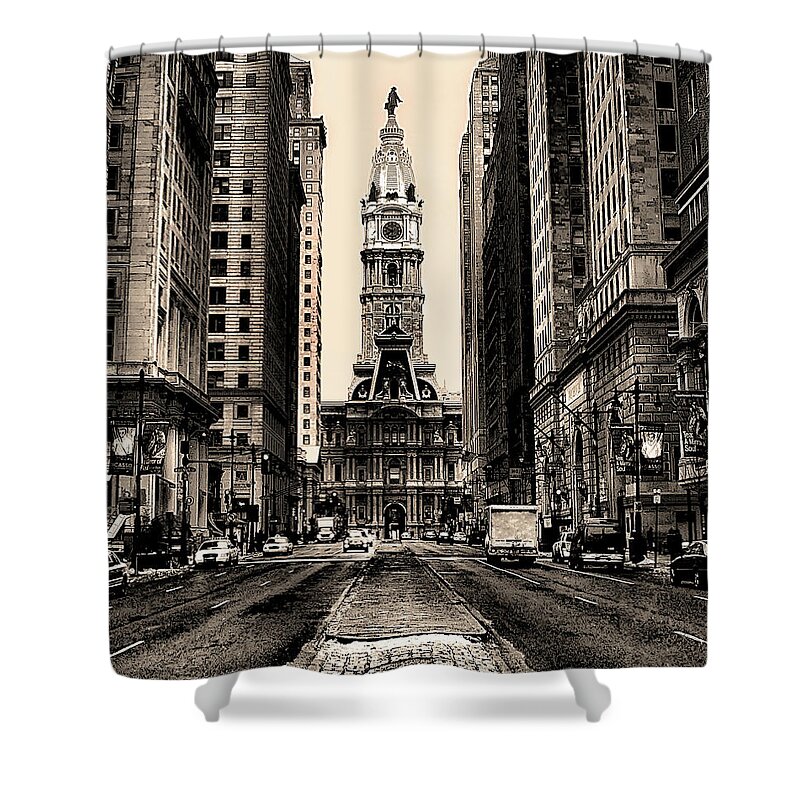 Broad Shower Curtain featuring the photograph Broad Street in Philadelphia in Sepia by Philadelphia Photography