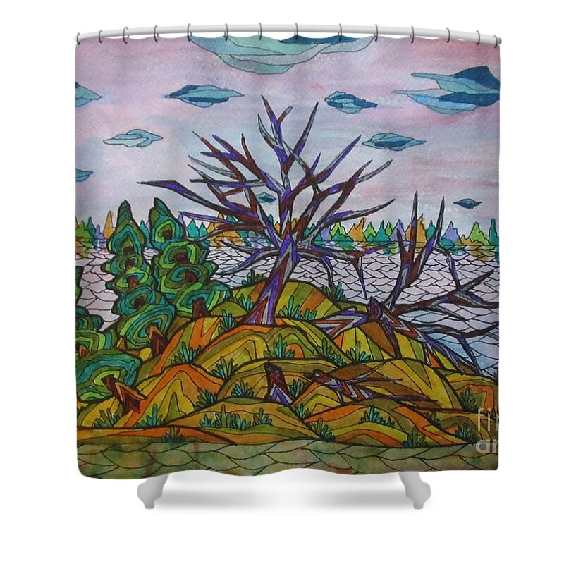 Island Trees Landscape Abstract Yellow Pillow Cushion Mask Ontario Canada Group Of 7 Decor Decrotive Office Shower Curtain featuring the mixed media Broken Tree Island by Bradley Boug