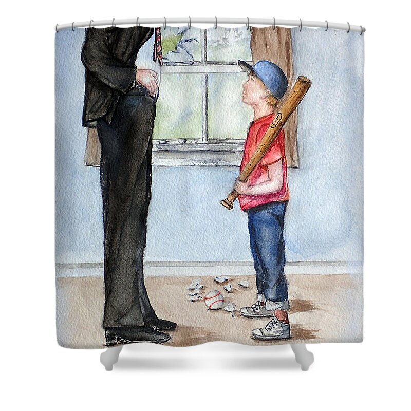 Baseball Shower Curtain featuring the painting Broken Window by Kelly Mills