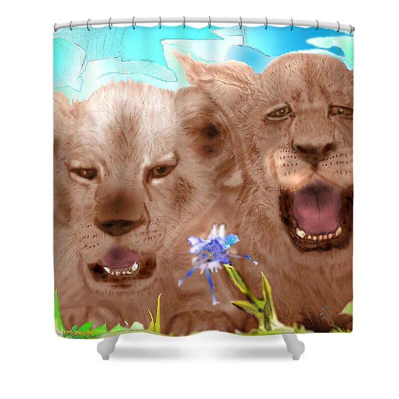 Lion Cubs Nature Flower Mixed Media Sketch Shower Curtain featuring the mixed media Brothers and allergies by Pamela Calhoun